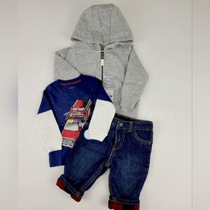 Carter's Gray Hoodie and Blue Fire Truck Shirt with Jeans Set
